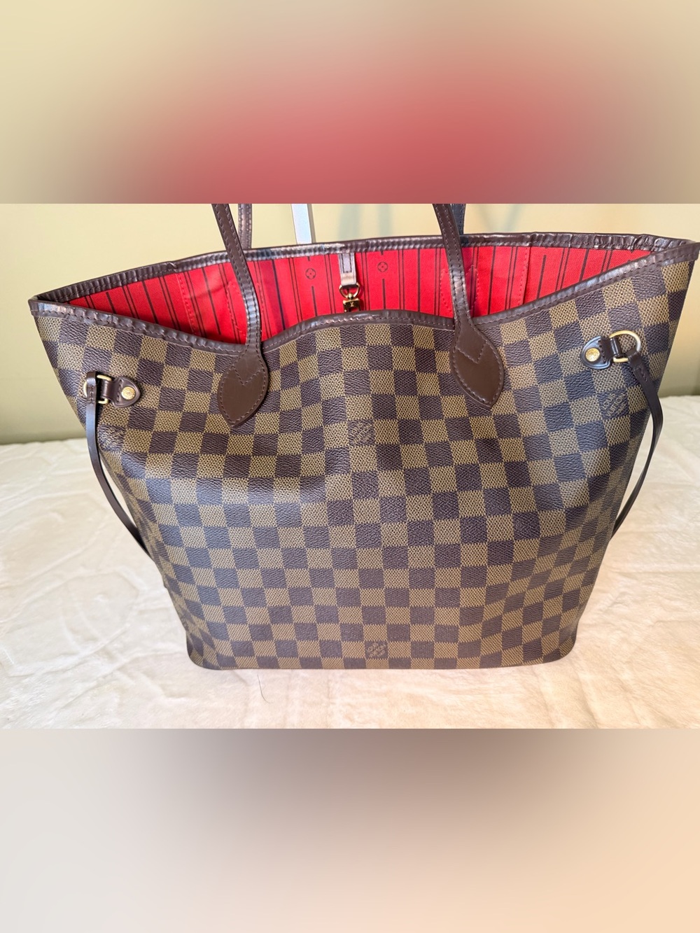 Louis Vuitton Damier Ebene Neverfull MM Tote with Red Interior - Picture 3 of 16
